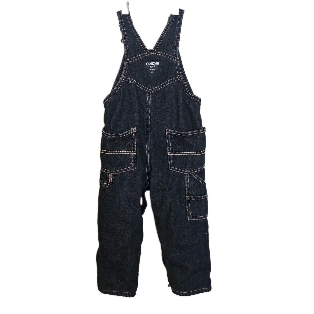 OshKosh Red Fleece Lined Dark Wash Denim Jean Bib Overalls Baby Boys 24 Months